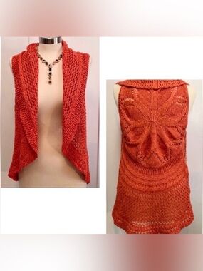 Arden B Orange Crochet Open Front Accent Cardigan XS/SM